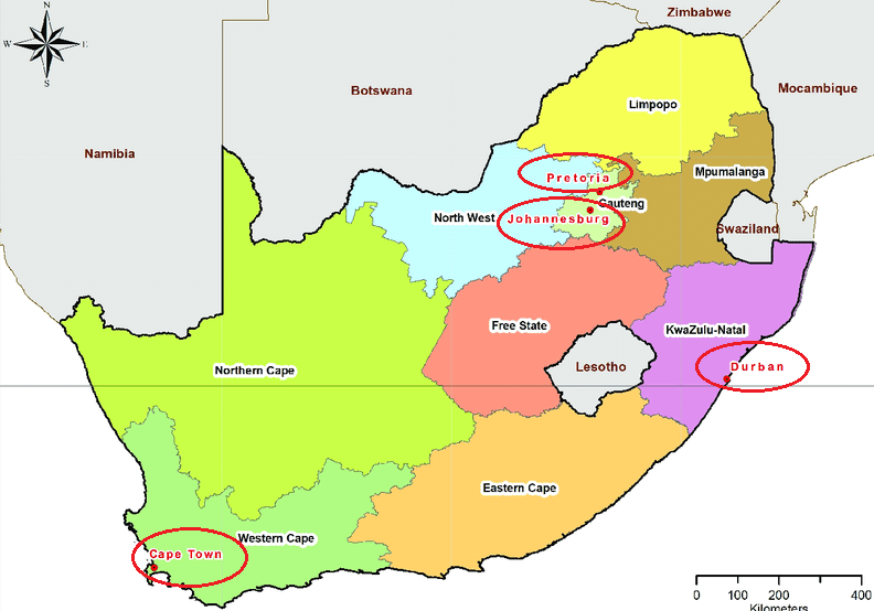 Principais cidades turísticas da África do Sul - Mapa