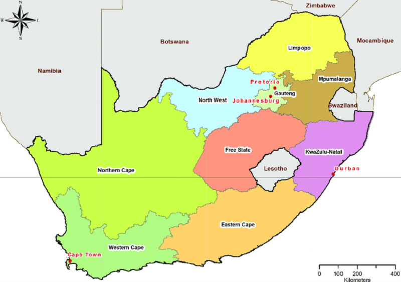 Mapa com as cidades da África do Sul